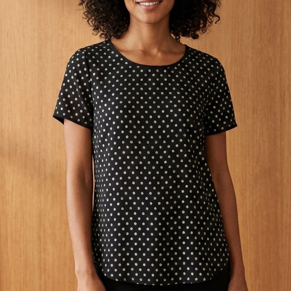 Spense Black & White Polka Dot Short Sleeve Blouse Office Minimalist Sz Small